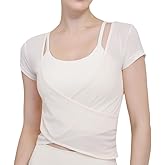 Harssidanzar Yoga Short Sleeve Two-piece set for Women Mesh Gym Athletic Tops Workout Shirts with Sports Bra CL305US