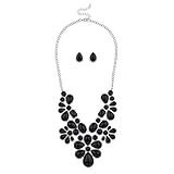 Lux Accessories Black Faceted Flower Floral Bib Statement Necklace Matching Earrings