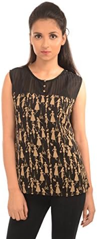 Harbinger Designs Women's Black Printed, Sleeveless, High and Low Hem, Black Pin-Tucked Front Yoke with Metal Button Closure Georgette Top