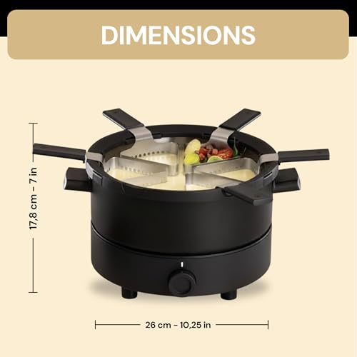 Fondussimo Evolution 3-in-1 Electric Fondue Set with Stainless Steel Fondue Pot 3 L + Ceramic Bowl Bain-Marie – 6 Baskets & 6 Tongs – Adjustable Temperature – 4 to 6 People