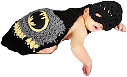 Eyourhappy Handmade Knitted Crochet Costume Newborn Baby Photograph Props Set Batman Hat Veil Cloak
