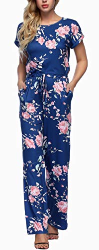 RichCoco Women's Floral Printed Jumpsuit Casual O Neck Loose Long Wide Legs Pants Jumpsuit Rompers with Pockets (Blue, M)