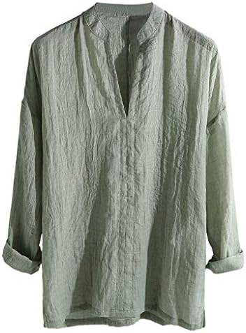 Kailemei Men's Causal Shirt Breathable Long Sleeve Loose Solid Color V-Neck Top Blouse Cotton Pleated