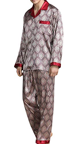 YIMANIE Mens Silk Satin Pattern Pajamas Set Classic Sleepwear Loungewear Long Sleeve Nightwear Set Sleep Shirt & Sleep Pant