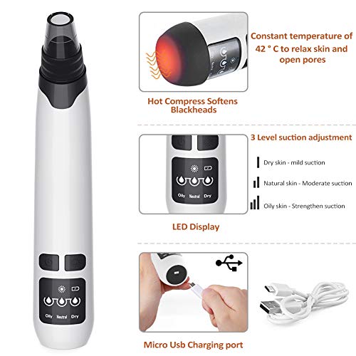 Blackhead Remover Vacuum, USB Rechargeable Facial Pore Cleaner Electric Acne Comedone Extractor Kit with Hot Compress Including 4 Suction Head and 3 Adjustable Suction for Women and Men