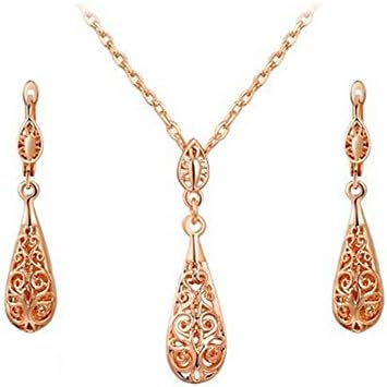 FLANCO Womens Fashion Plating Rose Gold Earrings Hollow Pierced Earrings + Necklace Sets