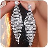 Octwine Women Bridal Rhinestone Earrings Silver Sparkly Rhinestone Chandelier Dangle Drop Tassel Earrings Statement Silver Earrings Teardrop Dangle Earrings for Women