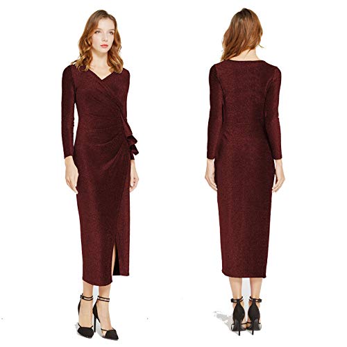 Aiyou Women\'s Long Sleeve Wrap Dresses - Sexy Glitter Ruched V Neck High Slit Maxi Dress Small Wine Red