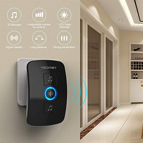TeckNet Timbre inalámbrico Timbres para Puerta Plug-in sin Hilos a un Rango de 300m, Indicadores LED, Resistente al Agua, 4...