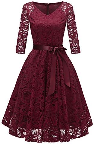 1950s Women's Lace 3/4 Sleeve V Neck Prom Cocktail Swing Midi Dress