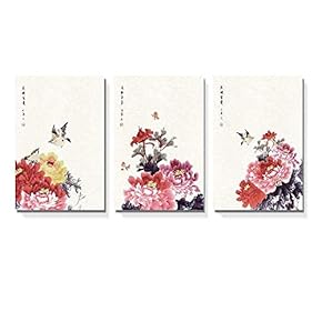 3 Panel Chinese Ink Painting of Flowers and...