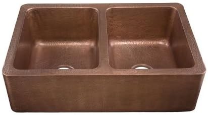 Signature Copper BDC-3322DK Drop In / Undermount Vigo Farmhouse Double Bowl Hand, Medium Antique