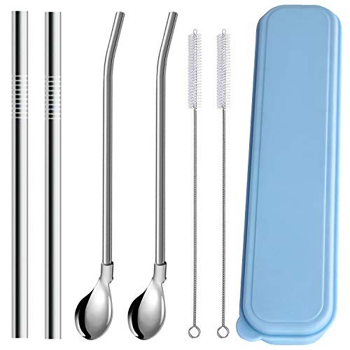 2 Stainless Steel Straws Big Straw Extra Wide 1/2" x 8.5" Long with 2 Drinking Spoon Straws - Reusable Straws For 20oz RTIC,Ozark Tumbler (2 Large Straws + 2 Spoon Straws + 2 Brushes + Box)