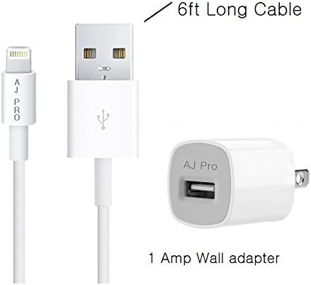 AJ Pro (TM) 6 Foot Extra Long Extension White 8 Pin USB Sync Cable Power Cord with 1 Amp Wall Charger for Apple iPhone X, 8, 7, 6S, 6, 6 Plus, 5S (Compatible with iOS 9 and 9.1) [Certified]