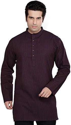 Shatranj Indian Men's Kurta Tunic Banded Collar Multi-Stripe Shirt