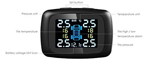 CarBest Tire Pressure Monitoring System, Wireless TPMS with 4 External Sensors, Cigarette Lighter Plug LCD Display with Tire Pressure, Temperature Gauge and Battery Voltage, DIY