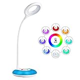 LED Desk Lamp, HIHIGOU Gooseneck Dimmable Eye Protection Desk Light 3.2W Touch Control 3 Adjustable Brightness Levels USB Rechargeable with Multi-Colored Changing Base, Reading Lamp for Kids, White