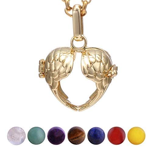 Morella Women Necklace 70 cm 27.5" Stainless Steel with Pendant Heart Angel's Wing and 7 Gemstones Chakra Balls in Jewellery Bag