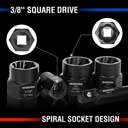 WORKPRO 15 Pieces Impact Bolt & Nut Remover Set, 3/8” Drive Bolt Extractor for Removing Stripped, Damaged, Rounded off and Rusted Bolts & Nuts