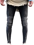 Men’s Skinny Slim Fit Straight Ripped Destroyed Distressed Zipper Stretch Knee Patch Denim Pants Jeans