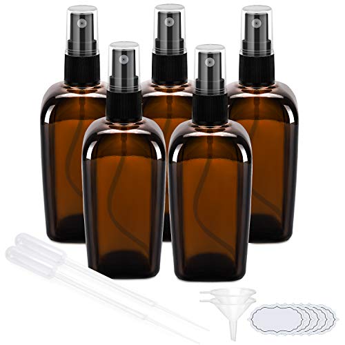 ULG Small Empty Glass Spray Bottles 5 Pack 3.3oz/100ml Amber Fine Mist Sprayer Empty Refillable Essential Oils Perfume Cologne Atomizer for Outside Travel, DIY Labels Included