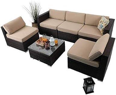 Amazon Com 6 Piece Outdoor Furniture Rattan Sofa Conversation Sofa Set Patio Wicker Furniture Set Beige Industrial Scientific