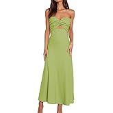 Fiemaoves Sexy Twist Front Strapless Sweetheart Neckline Midi Dresses for Women Smocked Cutout Tube Linen Dress Wedding Guest