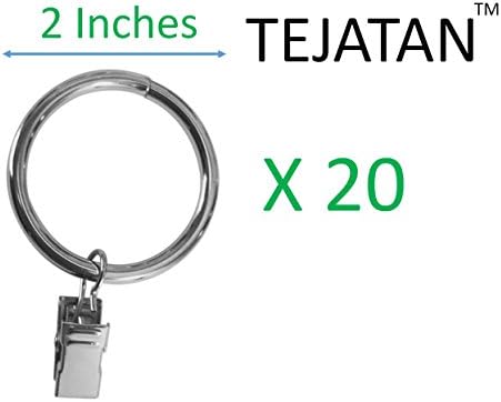 2 Inch Metal Curtain Rings with Clips and Eyelets - Silver (Set of 20)(Also known as Rings with Curtain Clips / Curtain clip rings / Drapery Rings / Curtain Rings with Clips / Drapery Clip Rings)