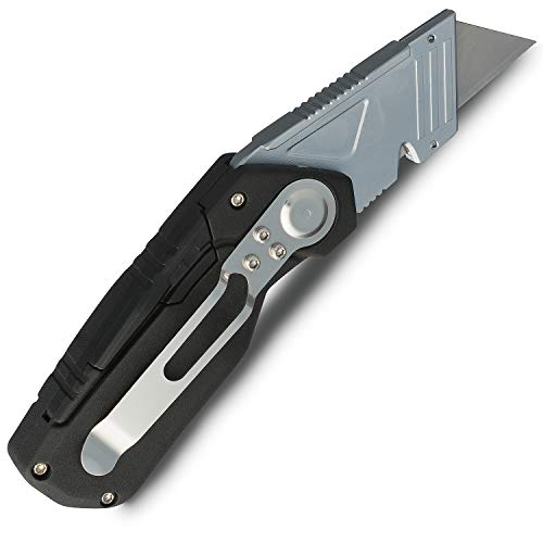 Folding Utility Knife, Box Cutter W/Screwdriver & Bits Wire Stripper Tool, Quick Release Replaceable Blades & Safe Lock, Heavy Duty with Belt Clip, Easy Pocket Storage W/Refills