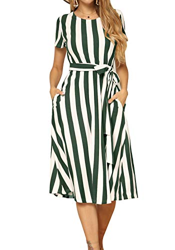 levaca Women Casual Swing Striped Loose Teen Pockets Midi Dress with Belt Green M