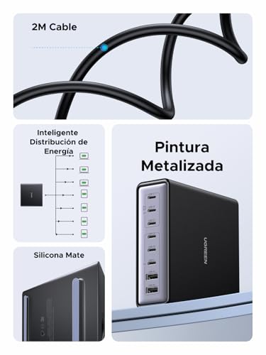 UGREEN Cargador 200W GAN y 8 Puertos, Estación de Carga de Escritorio con 6 USB C y USB PD, Carga Rápida de 100W, Compatible con MacBook Pro Air de 16", XPS 13, iPad Pro, iPhone 17Pro MAX, Galaxy S25