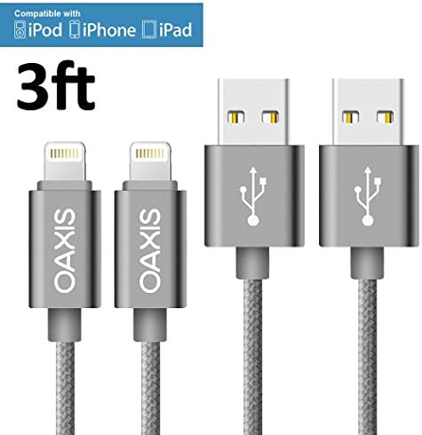 Lightning Cable, Oaxis Tech 2 pcs Dark Gray Nylon Braided Lightning to USB Cable 3.3ft/1M 8-Pin Lightning USB Charge Data Sync Cord for iPhone 6/6s/5/5S/5C/SE/Plus,iPad 4,iPad Air 1/2/Pro,iPad Mini