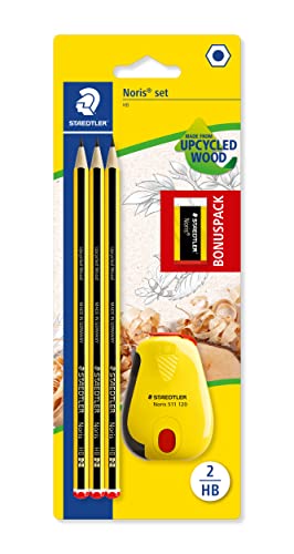 120 SBK3P2 Noris Edición Limitada Feliz Aniversario - Blister con 3 lápices de grafito Noris HB de Grafito, Afilalápices con depósito Noris + GRATIS goma de borrar Noris