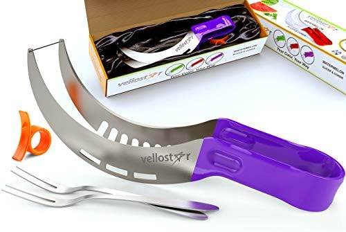 Vellostar Watermelon Slicer Corer Cutter Tongs and Server Set, with ss304 Serving Fork & Orange Peeler, Kitchen-Grade 304 Stainless Steel, Ergonomic Handle, Watermelon Knife, Purple