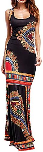 Staresen Women Tank Dress, Womens Ethnic Print Vest Long Dress Women Boho Floral Sleeveless Dashiki Maxi Dress Female Casual African Evening Cocktail Dress