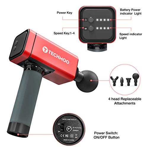 Massage Gun Portable Massage Gun Quietes Device Deep Muscle Fascia Tissue Massage Gun with Carry Case 4 Speed Levels Settings 4 Heads for Activities Lovers Professional Muscle Relieves Red