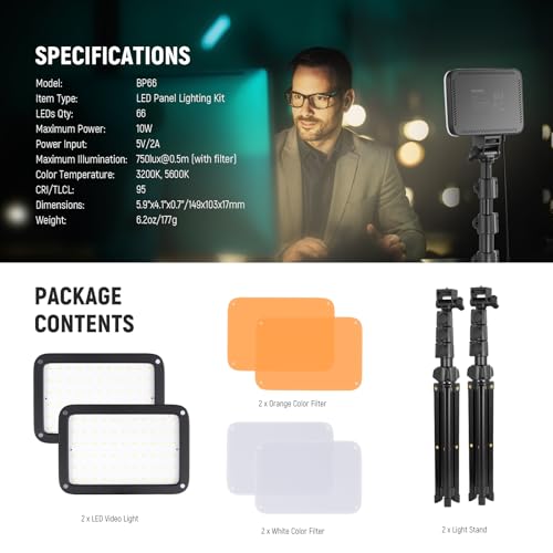NEEWER Basics 2 Pack LED Video Light Panel Lighting Kit, Bi Color Dimmable Portable Studio Lights with Stands & Filters, 3200K-5600K 750lux CRI95 for Video Recording Live Streaming Photography, BP66