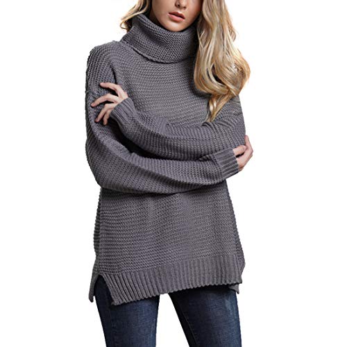 Belgius Chunky Turtleneck Sweater Women Winter Warm Knit Solid Color Pullover Sweater Grey M