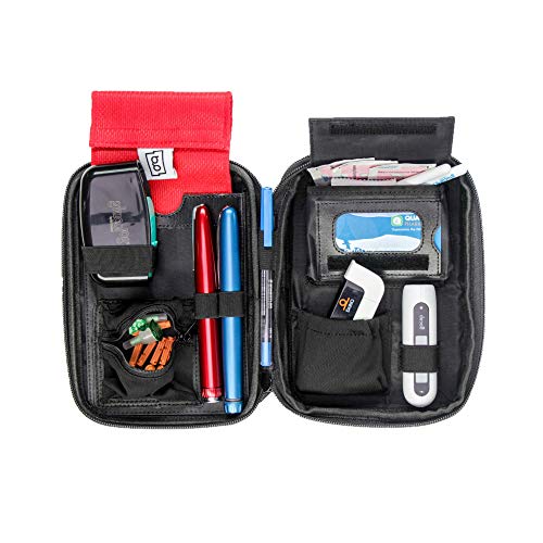 GlucologyTM Diabetic Travel Case - Organizer for Blood Sugar Test Strips, Medication, Glucose Meter, Pills, Tablets, Pens, Insulin Syringes, Needles, Lancets - Hardshell Pack - Expandable, Red