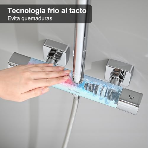 DelnVior Shower System with Thermostat Stainless Steel Square Rain Shower 3 Jet Types Complete Shower Set Adjustable Height with Anti-scald Protection Water Saving