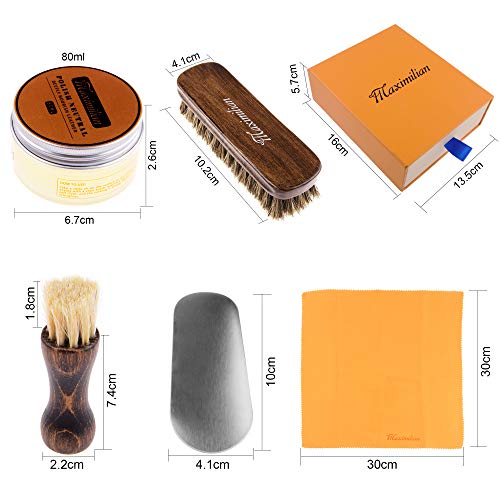 MAXIMILIAN Professional Neutral Shoe Polish & Shine Kit, Horsehair Shoe Brushes/Shoe Polish Applicator Brush/Neutral Shoe Polish(80ML)/Shoehorn/Buffing Shining Cloth for Compact Shoe Cleaning Kit