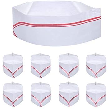 40 PCS Disposable Soda Jerk Paper Cap Chef Hat Retro Diner Food for Theme Restaurant Party with Red or Brown Strip (Red)