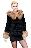 Queenshiny Women's 100% Real Genuine Rabbit Fur Coat Jacket with Raccoon Trim with Raccoon Collar and Hood-Black-S(4-6)
