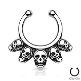 Linked Skulls Fake Non Piercing Clip On Septum Hanger Silver Tone