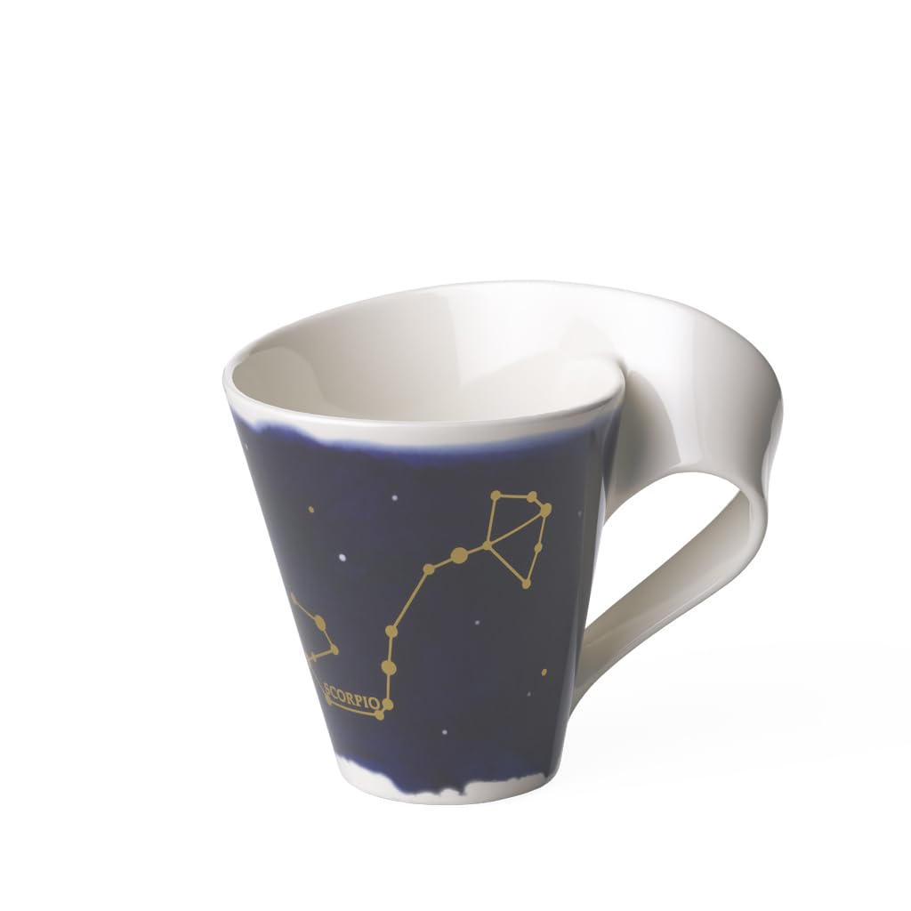 Villeroy & Boch 10-1616-5820 New Wave Stars Mug with Handle, Beautifully Shaped Cup with Scorpio Design, Premium Porcelain, Dishwasher Safe, White/Blue, 300 ml,Gold