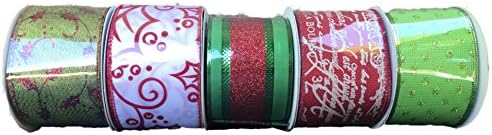 Red Green and White Glittery Holiday Bundle of Five Christmas Themed Ribbons