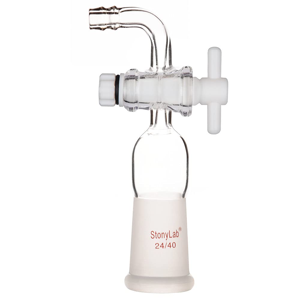 stonylab Vacuum Flow Control Adapter, Borosilicate Glass Adapter with PTFE Stopcock and Bent Hose Connection, Standard 24/40 Outer Joint Adapter for Lab Supply
