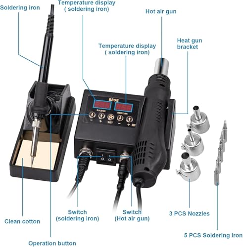 Ctoby 2 in 1 Hot Wind Gun Solder Iron SMD Rework Soldering Station Kit 700W/220V Tabletop Hot Wind Gun Tin Solder Iron Working Soldering Station with Dual LCD Digital Display 11pcs