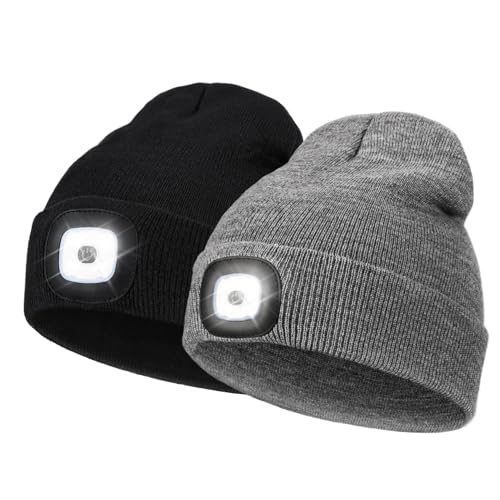 YunTuo 2 Pack LED Beanie, Unisex USB Rechargeable Winter Headlamp Beanie Cap, Christmas Birthday Gifts for Men Husband Women (Black+Grey)