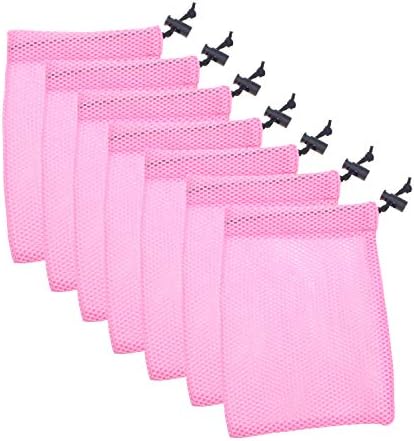 Mesh Stuff Sack Thicken Mesh Drawstring Laundry Bag Nylon Mesh Storage Ditty Bag Collecting Sports Equipment Bag for Travel & Outdoor Activity,Rinsing Beach Toys Seashell Pack of 7,Pink